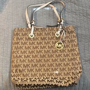 Michael Kors Beige Brown MK Logo Tote with Gold Charm